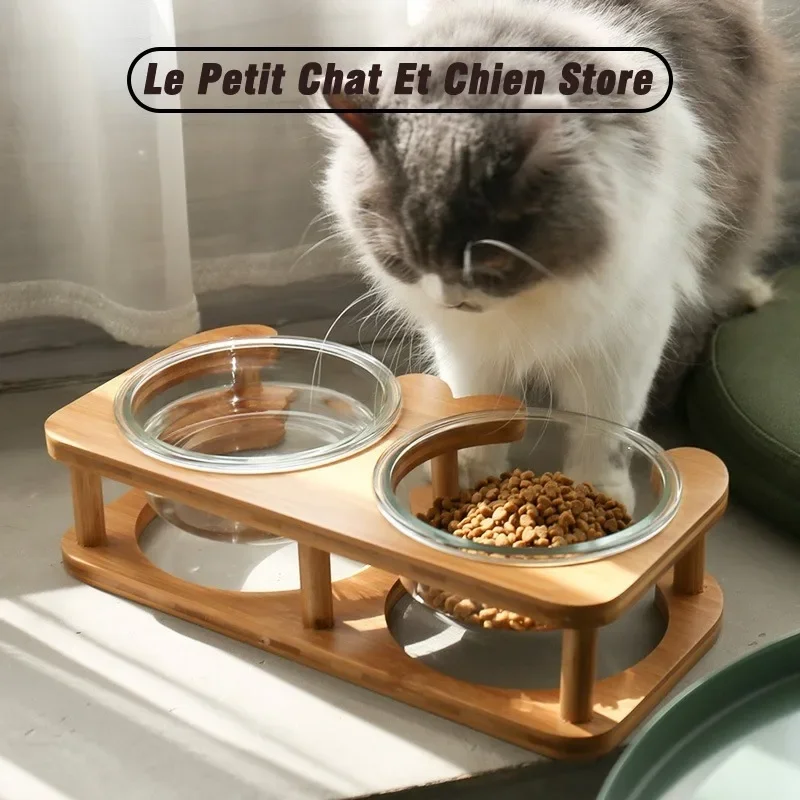 Cuenco vidrio elevado doble lazo para gato con soporte madera elevado