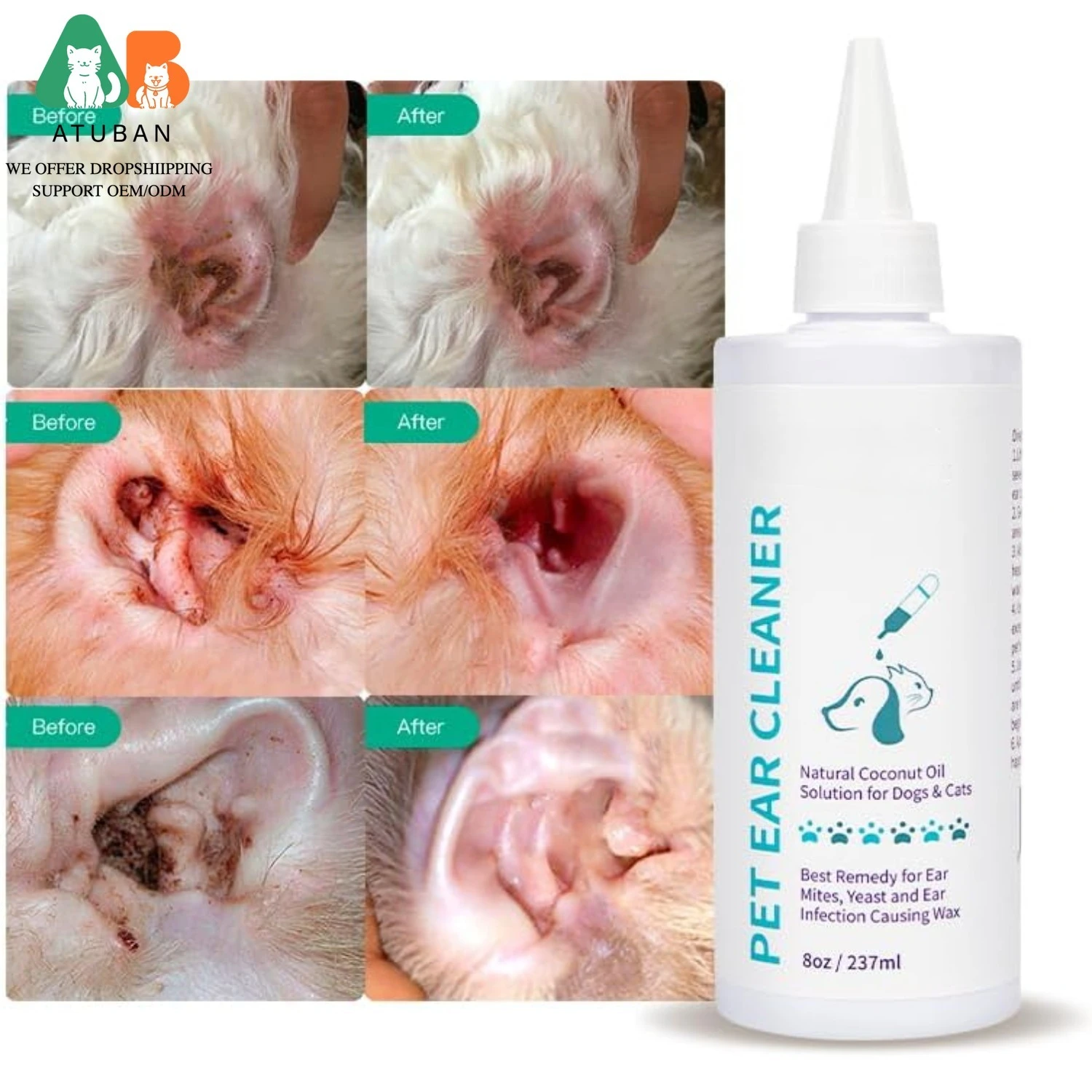 ATUBAN Limpiador de oídos para Perros y Gatos - Enjuague Óptico para Infecciones y Control de Infecciones Auriculares y Odor en Mascotas - 8 oz - imagen 5