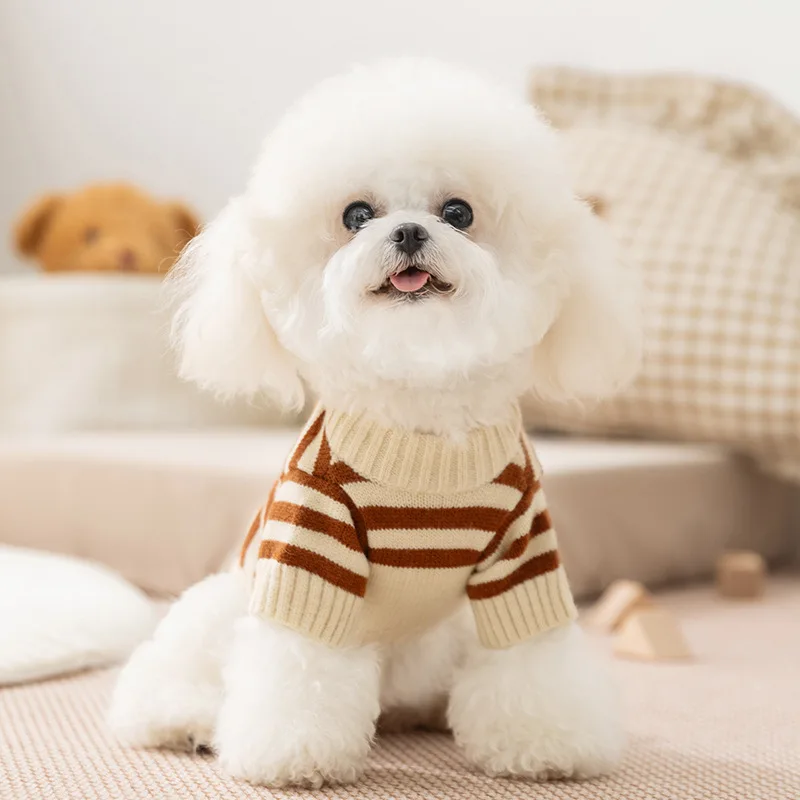 Ropa de invierno para cachorros, suéter bordado de Bichon Frise con osos, ropa cálida de invierno para mascotas, suéter de punto a rayas dulces - imagen 2