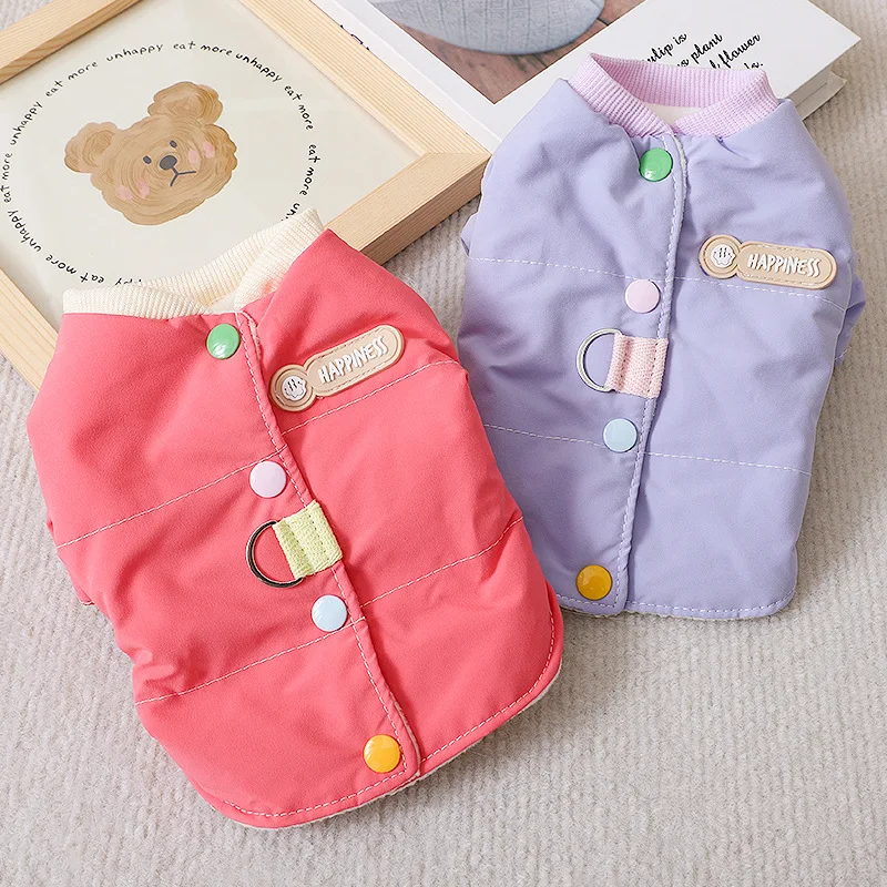 Abrigo con botones de color caramelo para mascotas, ropa para perros pequeños, abrigos de colores contrastantes, oso de peluche a prueba de viento, cálido para salidas de invierno