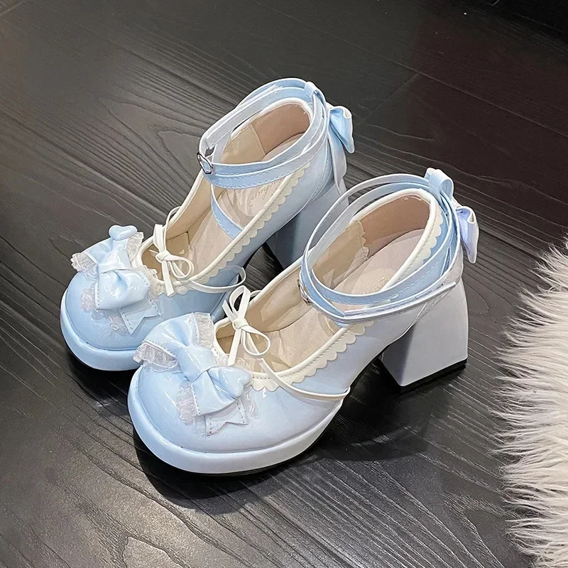 Tacones altos de tacón grueso azul, bonitos zapatos de mujer con nudo de lazo, zapatos planos de verano con plataforma a prueba de agua de Lolita dulce, mocasines con punta redonda - imagen 5