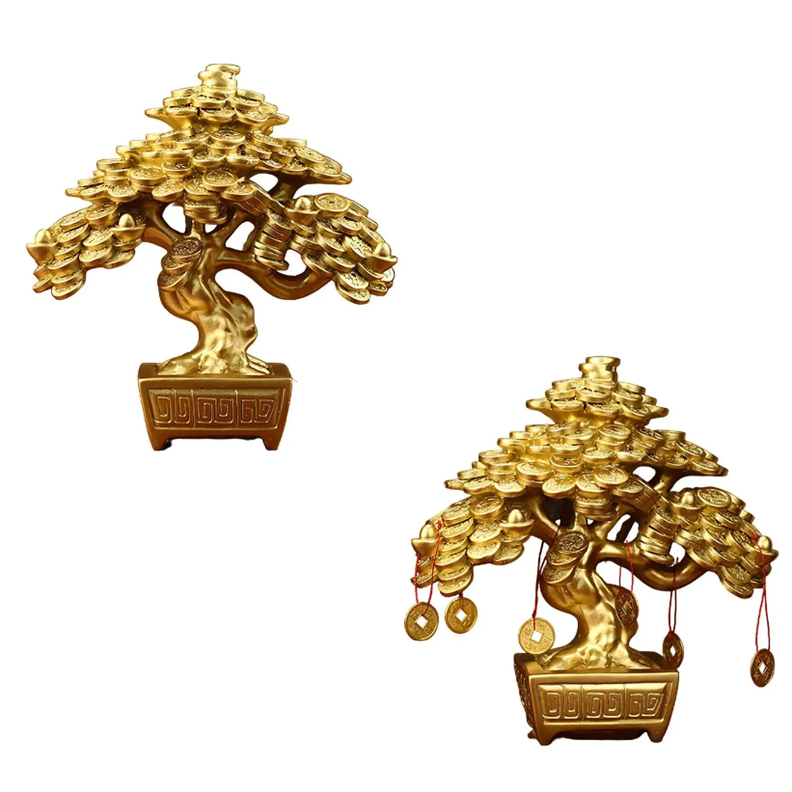 Decoración de mesa de árbol de dinero chino, decoración Feng Shui de Color dorado, estatuilla de resina de 17,5x9x19,5 cm para dormitorio ligero - imagen 2