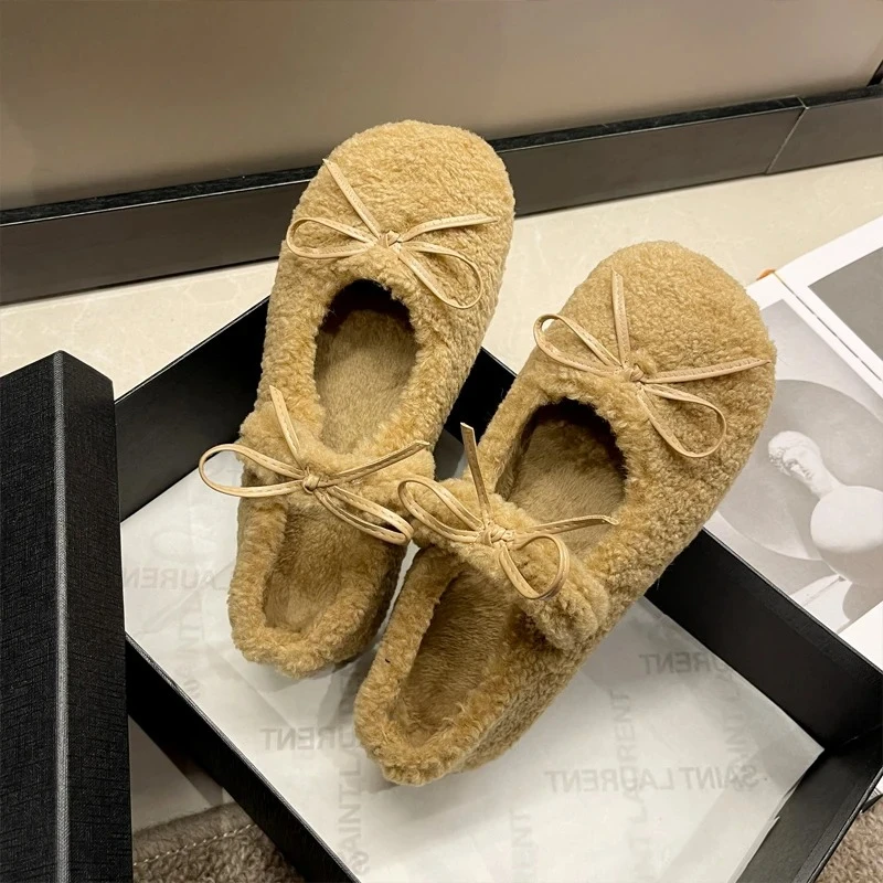 Zapatos planos de Ballet de lana de cordero con lazo para mujer, mocasines cálidos de felpa para invierno, zapatos Mary Jane con punta redonda de piel para mujer - imagen 5