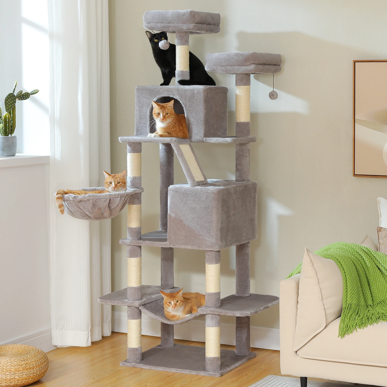 Árbol para gatos estable de 180cm, torre para gatos de varios niveles con 9 áreas para rascar, hamaca de felpa, 2 ocultos espaciosos y acogedores, perca superior, cesta de percha - imagen 3