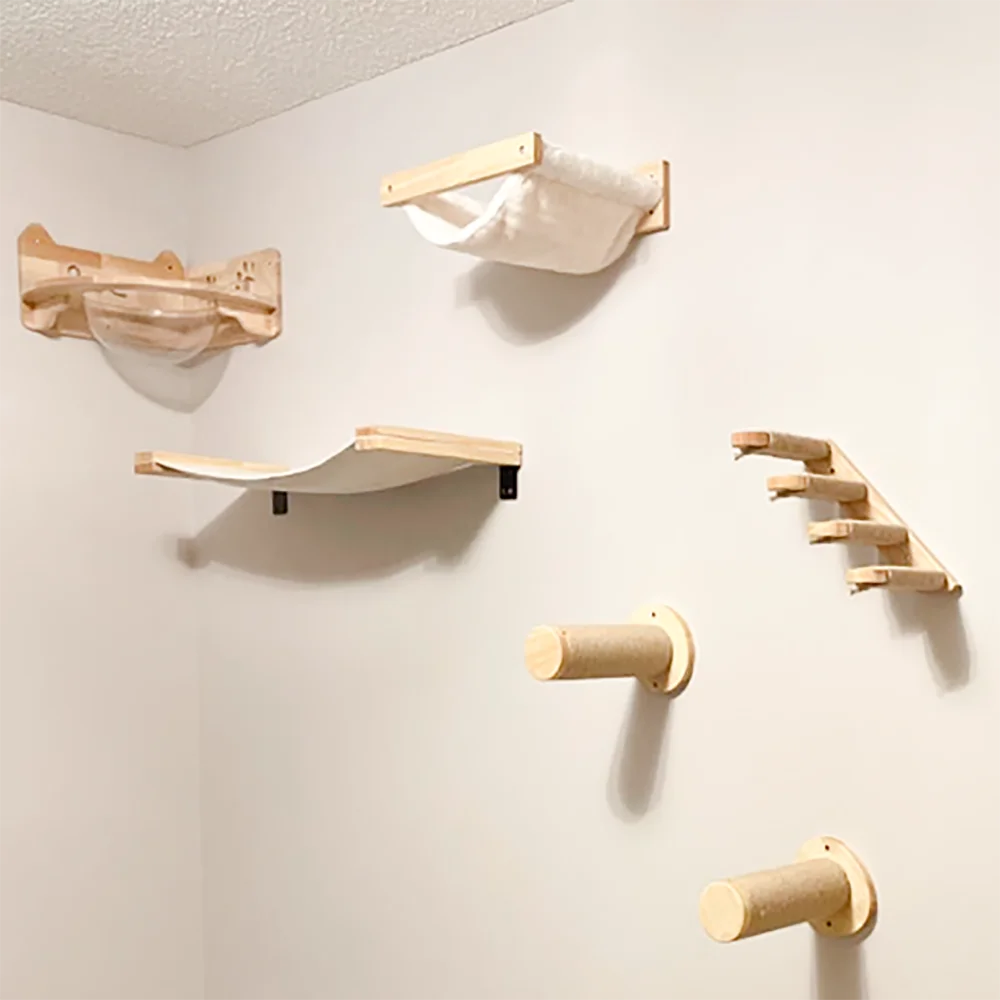 Estante de escalada montado en la pared para gatos, escalera de cuatro escalones con poste rascador de Sisal para gatos, torre de árbol, plataforma, muebles para saltar para mascotas - imagen 3