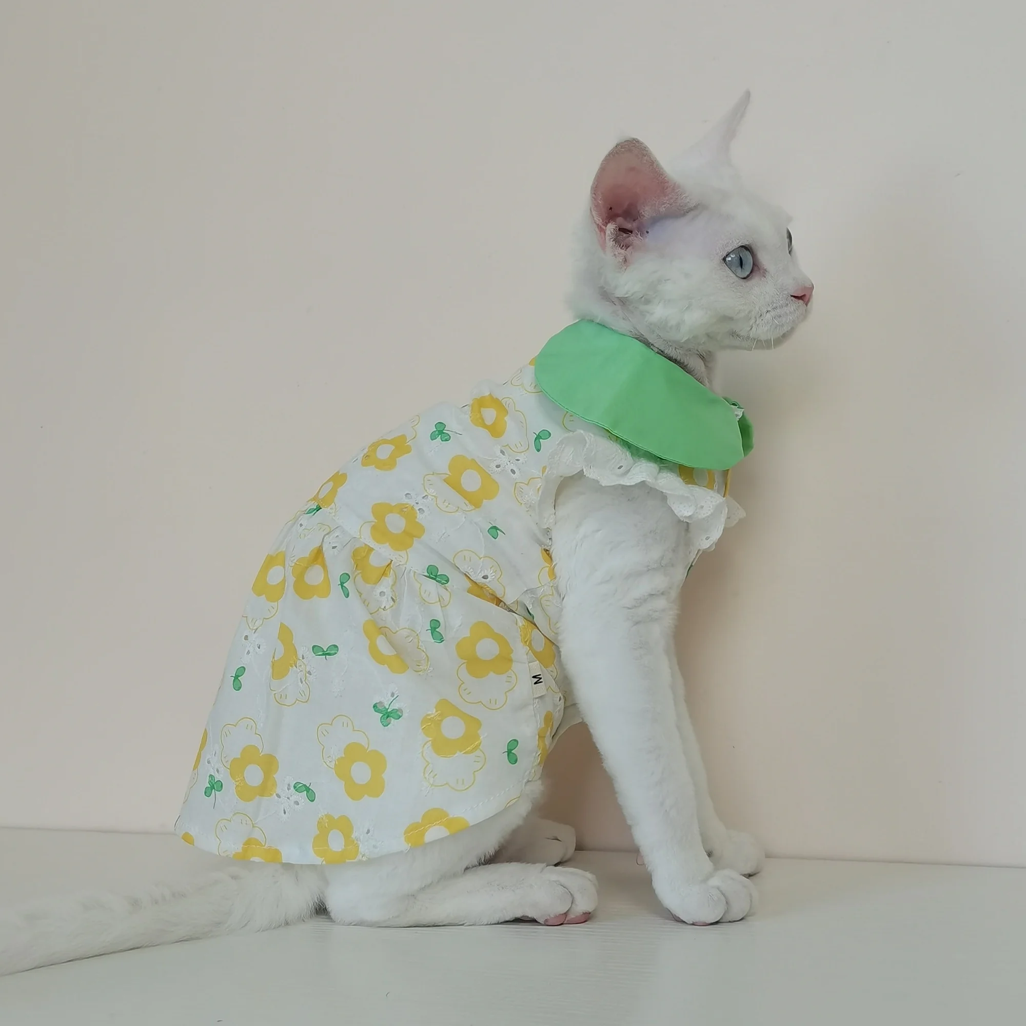 Sphynx-ropa para gatos, vestido de algodón Floral amarillo, falda con cuello verde dulce de verano para mujer, camisola de primavera para gatos, camisa para gatitos - imagen 5