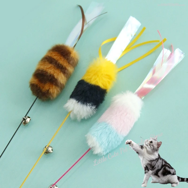 Juguete para gatos, pluma de abeja, juguetes interactivos para gatos, oruga divertida, varilla colorida, bola de pelo, varita teaser, suministros para mascotas