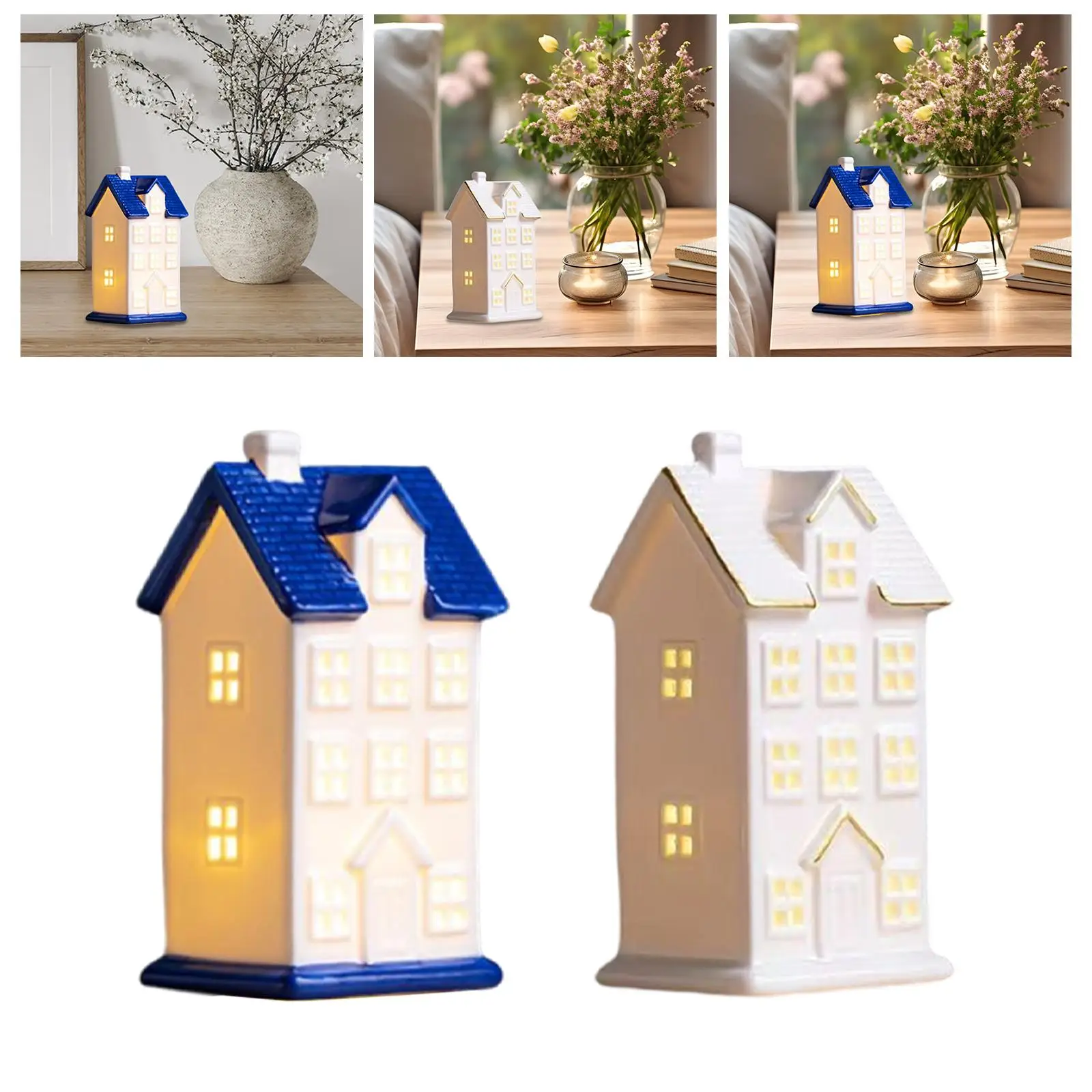 Estatuilla de casa iluminada, figuras de edificios de pueblo navideño, escena de escritorio - imagen 4
