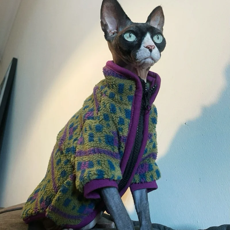Sphyinx Cat Otoño e invierno Forro polar austriaco Chaqueta verde cálido Cárdigan con cremallera Ropa de gato Abrigo morado grueso para Devon Rex - imagen 2