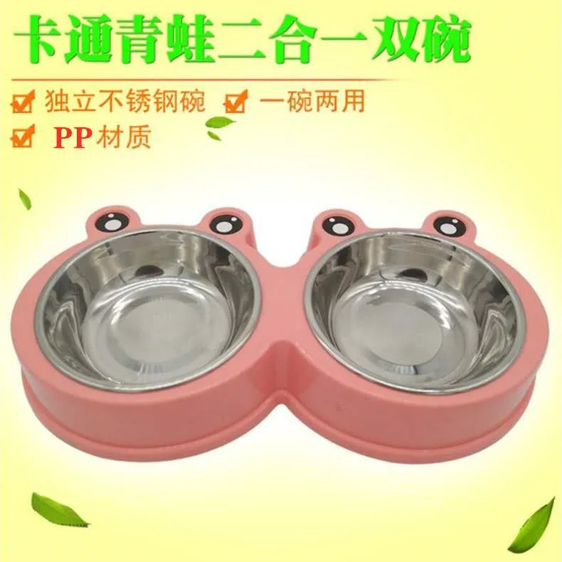 Cuenco para perro de mascota de dibujos animados, cuenco doble de rana de acero inoxidable que reduce el desbordamiento, utensilios de comida para perros - imagen 2
