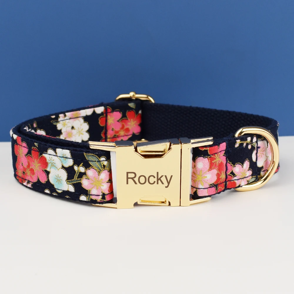 Collar de perro grabado personalizado de lujo, conjunto de correa y arnés, diseño Floral de algodón suave, accesorio de lazo personalizado para perros 03 - imagen 3