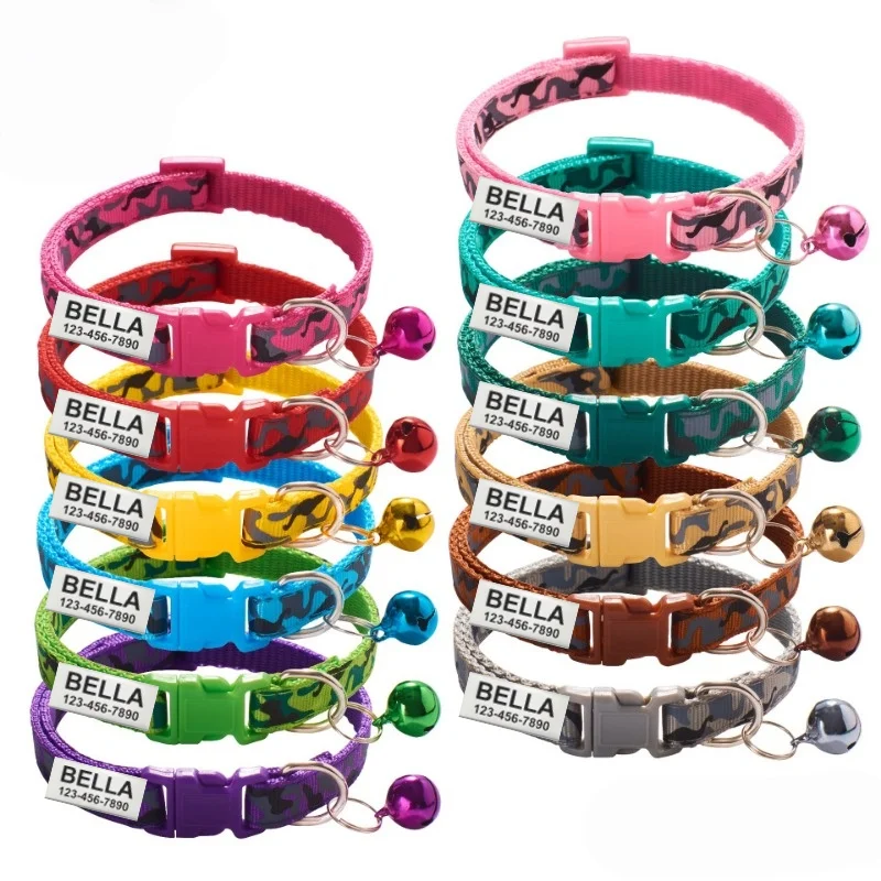Personalizar etiqueta de identificación con nombre de mascota, Collar de gato personalizado grabado con campana bonita, productos para mascotas, accesorio antipérdida