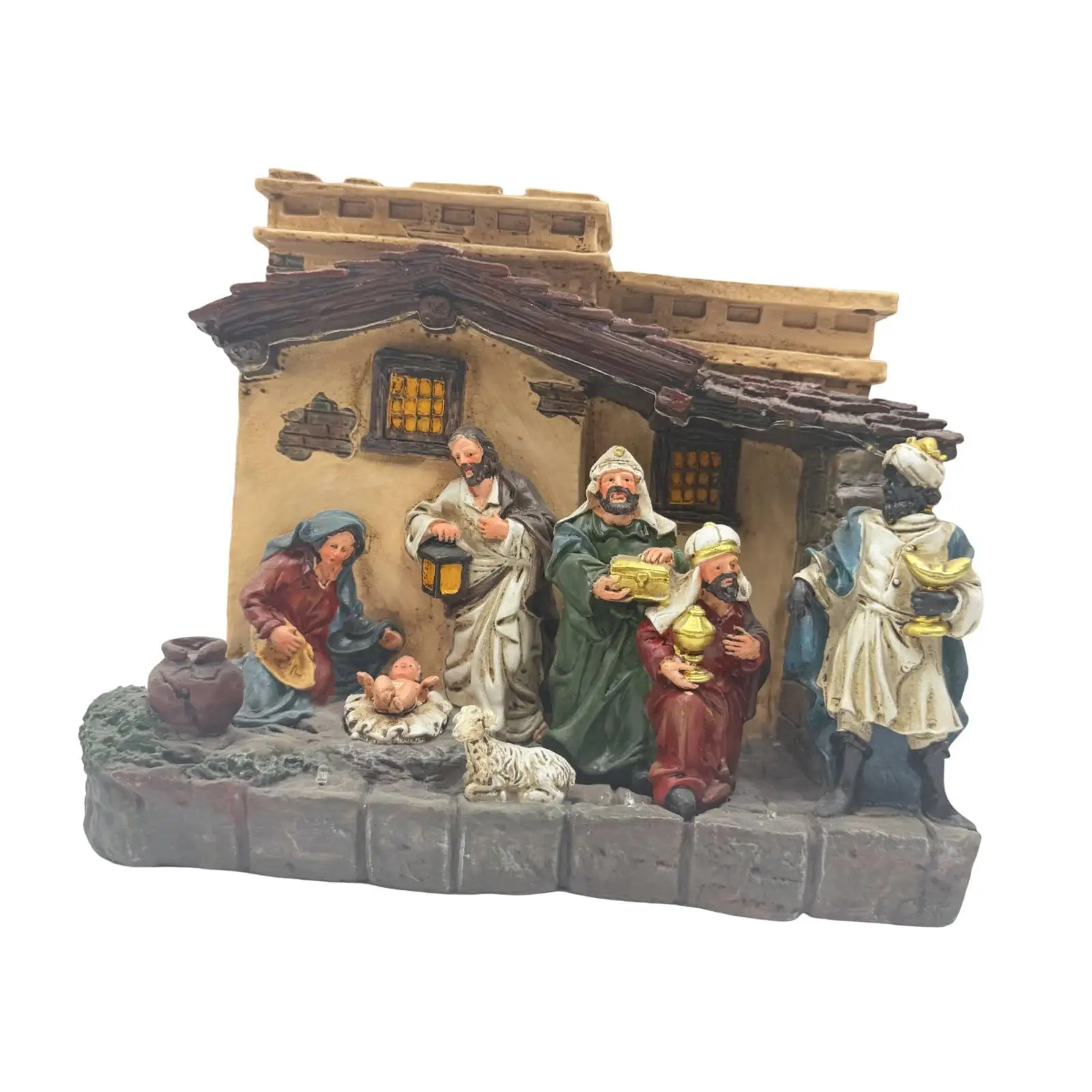 Jesus Manger Christmas Nativity Set with Lighting Hand Painted Resin Statue