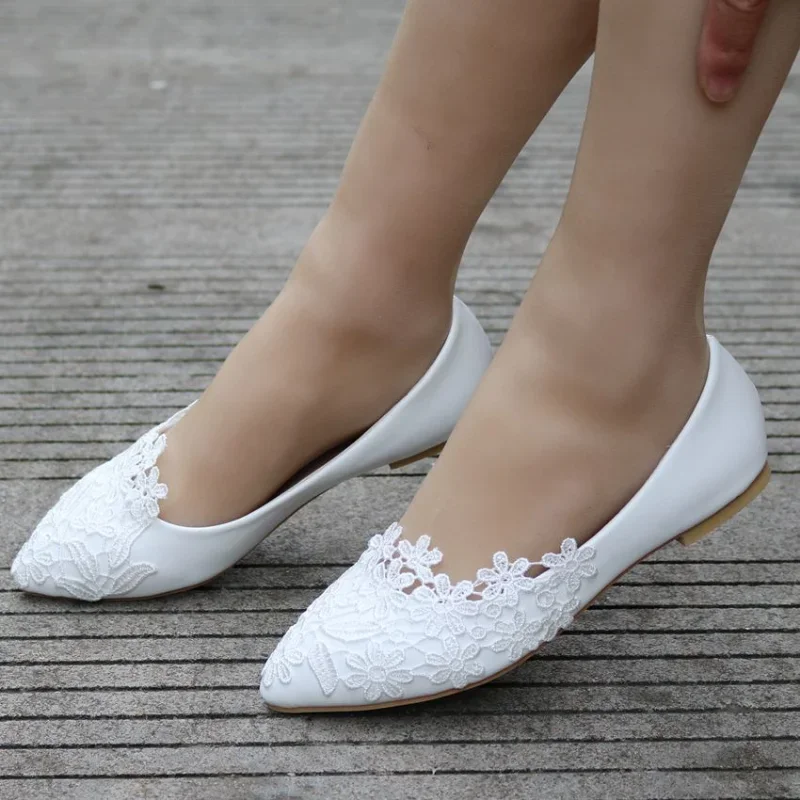 Zapatillas de Ballet de verano, zapatos de boda de novia de encaje blanco, tacón bajo plano, informales sin tacones, zapatos de vestir para mujer, zapatos dulces para mujer - imagen 2