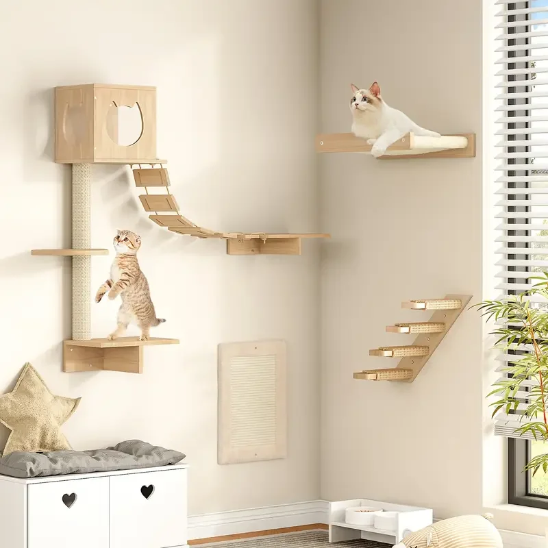 Árbol para gatos de pared de madera con postes rascadores de sisal Hamaca para gatos Escalera Marco para saltar, jugar y escalar gatos - imagen 3