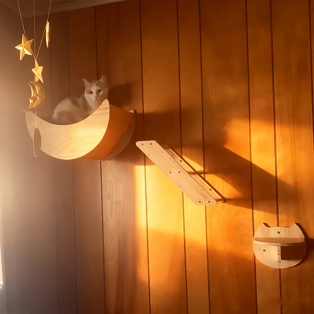 Sistema de muebles de pared de madera para gatos, perchas para gatos con postes rascadores de Sisal y hamaca, parque infantil montado en la pared para escalar gatitos - imagen 5