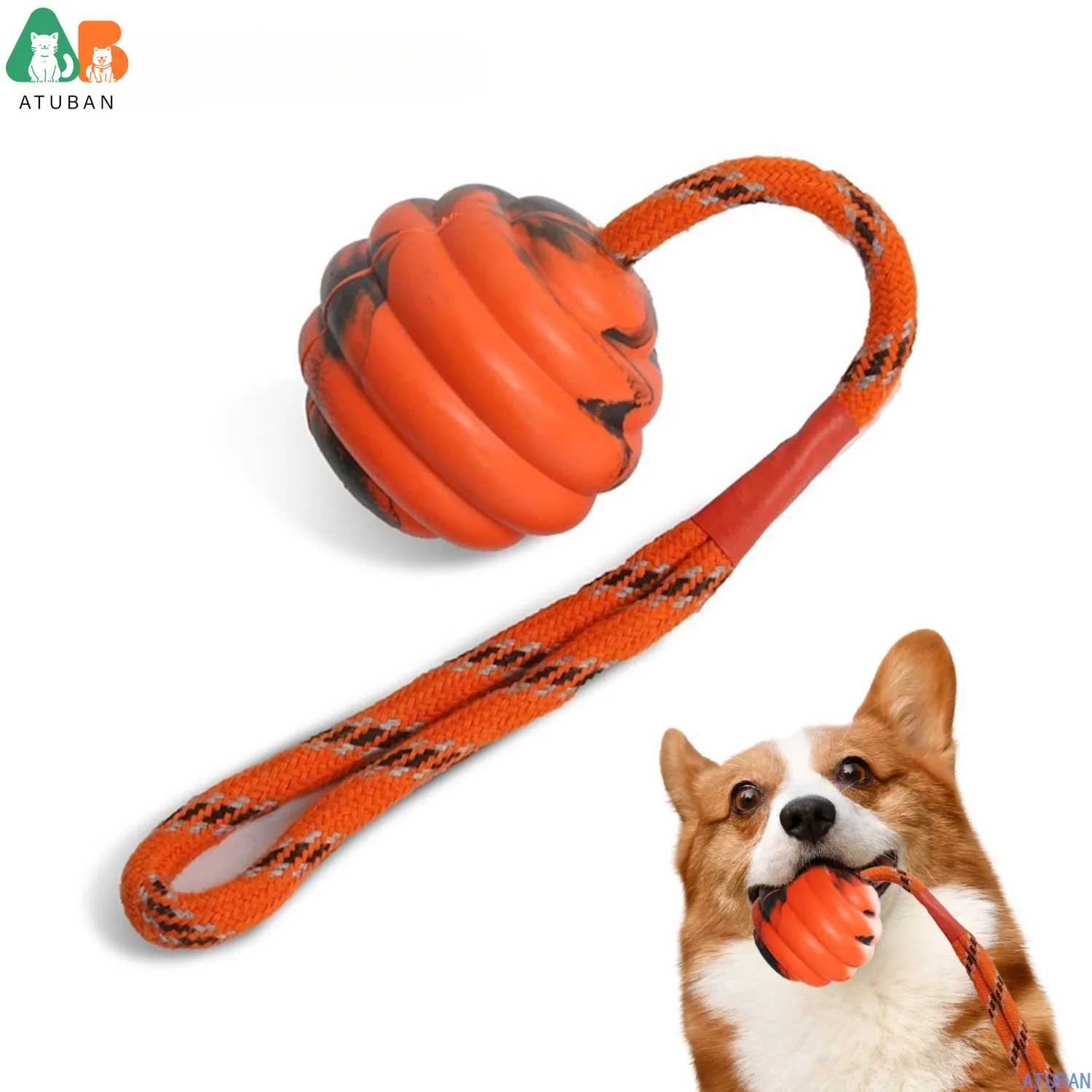 ATUBAN Bola de caucho natural duradera en una cuerda: entrenamiento perfecto para perros, juguete para perros de tamaño mediano para buscar, atrapar, lanzar y remolques de guerra