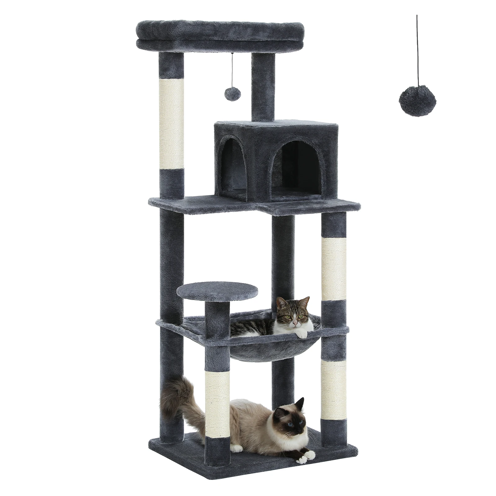 Torre de árbol para gatos gris oscuro con percha superior, postes rascadores naturales, pompón interactivo, hamaca y condominio acogedores, muebles para gatos, juguetes para gatos - imagen 3