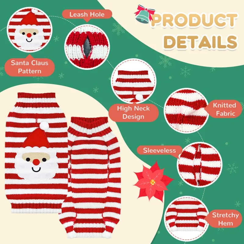 Suéter de Navidad para perros, ciervo, Papá Noel, estampado de hombre de jengibre, ropa de invierno a rayas para cachorros, disfraces de Navidad para perros y niñas, abrigo cálido para mascotas - imagen 5