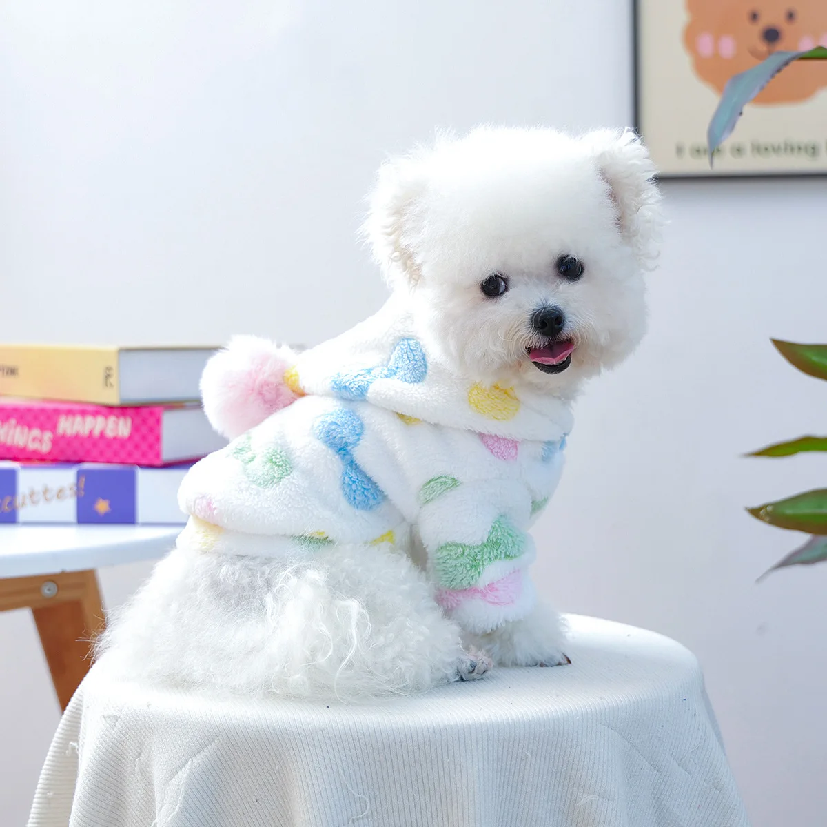 Sudadera con capucha de felpa para otoño e invierno para mascotas, Sudadera con capucha para perros pequeños y gatos, Sudadera con capucha de felpa con lazo cálido y colorido, ropa para cachorros - imagen 2