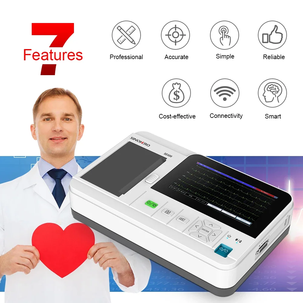 Máquina de ECG electrocardiógrafo de 6 canales SE600 con impresión térmica Monitor de ECG con pantalla LCD de 7'' - imagen 5