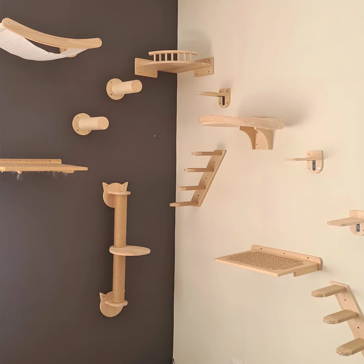 Actividad montada en la pared, rascador de Sisal de madera para gatos, muebles escaladores, puente para gatos, escalones de cuerda, escalera para gatitos, poste para pared - imagen 3