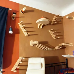 Mueble de pared para gatos con hamaca, rascador y escalerilla