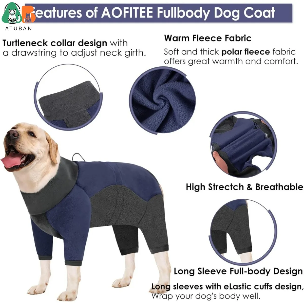 ATUBAN Abrigo de invierno para perros, jersey cálido, pijamas de lana para perros, chaquetas suaves de cuerpo completo para perros para clima frío, mono para perros a prueba de viento - imagen 4