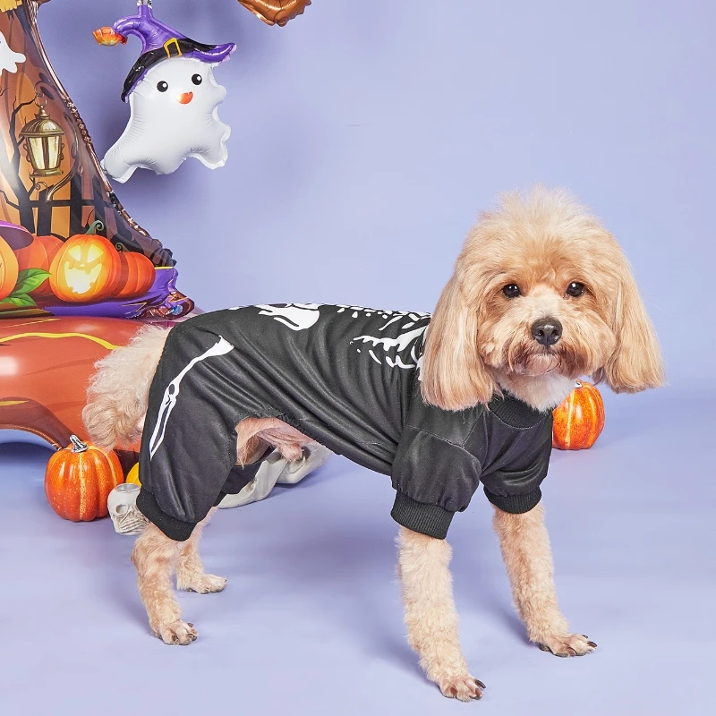 Mono de esqueleto para perro de Halloween, mono negro para mascotas con estampado de hueso blanco, ropa para mascotas de perros pequeños y gatos para fiesta de disfraces de Halloween - imagen 2