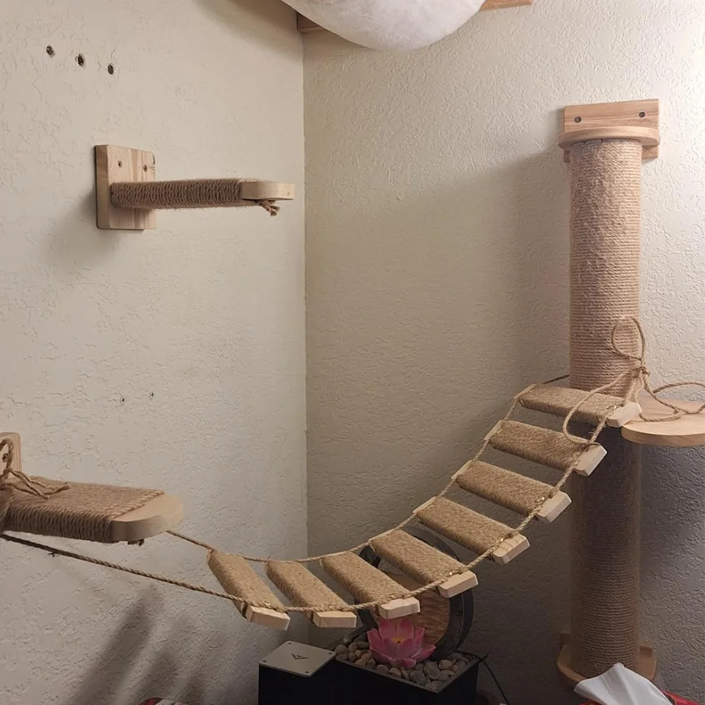 Escalera-puente para gatos con poste rascador – Mueble de pared para interior - imagen 3