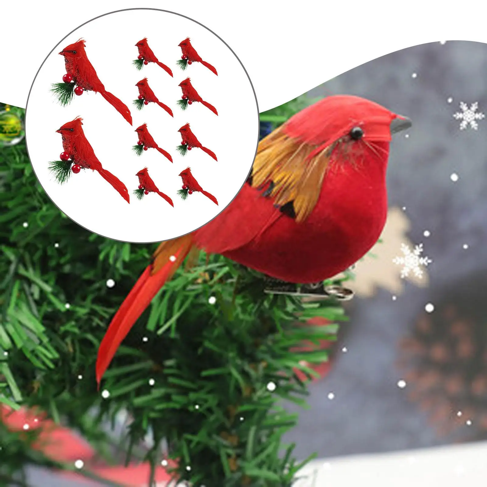 10 piezas de pájaros artificiales rojos de Navidad, decoraciones de pájaros falsos, adornos de árbol de Navidad para maceteros, Patio interior y hogar - imagen 3