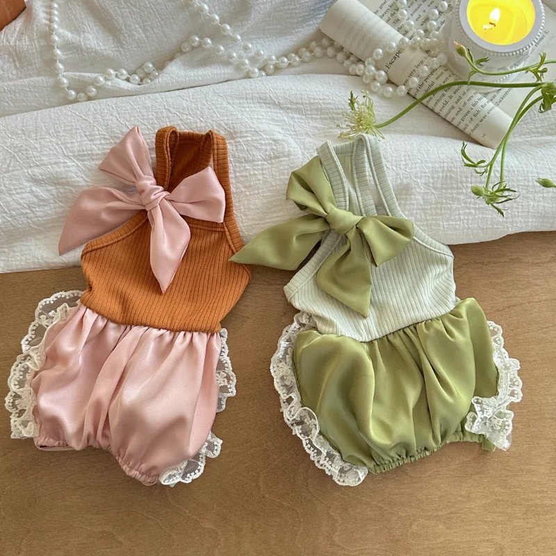 Ropa de encaje para mascotas, mono de seda, camiseta sin mangas dividida con lazo, media falda de encaje de burbujas, vestidos finos de verano para perros pequeños - imagen 2