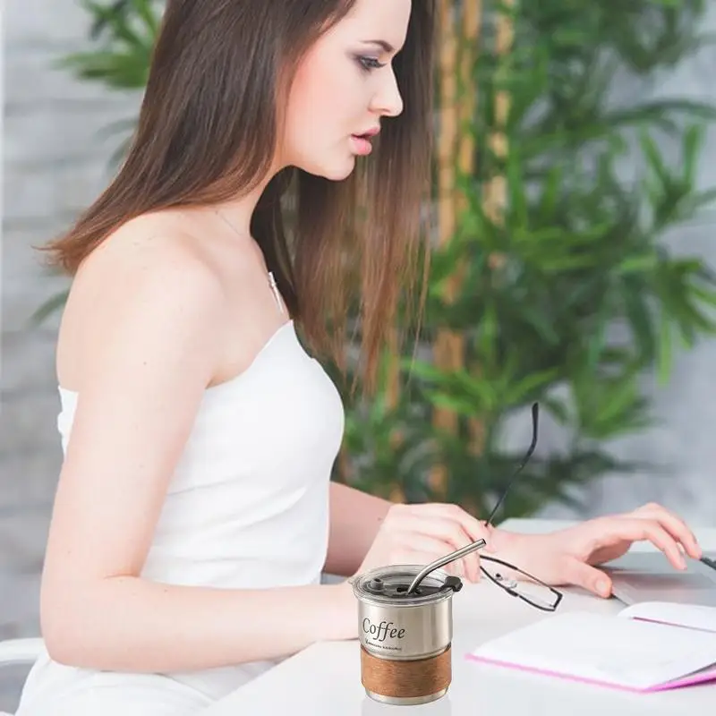 Vaso de café con tapa, taza de acero inoxidable de 300ml para café, bebidas calientes y frías, vasos de ahorro de espacio para té y cacao - imagen 4