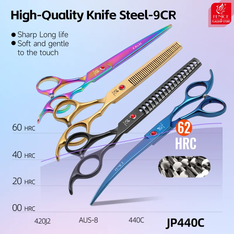 Fenice-Juego de tijeras profesionales coloridas para el cuidado de perros, 6,5/7 pulgadas, recto, más fino, curvo, tijeras de aseo - imagen 3