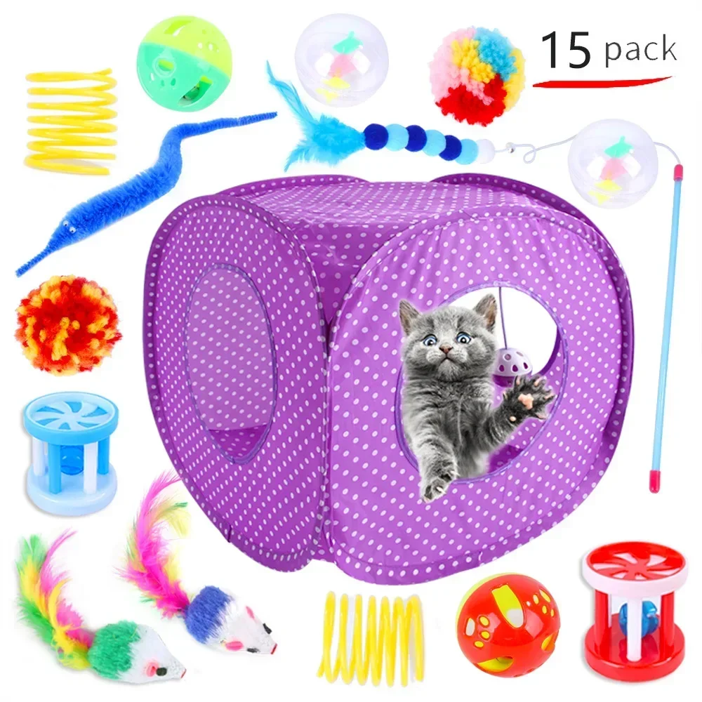 Juego de 15 piezas de juguetes para gatos, tienda para gatos, múltiples combinaciones, juego interactivo divertido, juguetes para mascotas, suministros para aliviar el aburrimiento - imagen 2