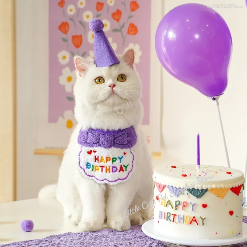 Sombrero y babero de fiesta de cumpleaños para gatos, Bandana ajustable, atuendo dulce de cumpleaños para mascotas, bufanda, suministros de vestido para cachorros - imagen 2