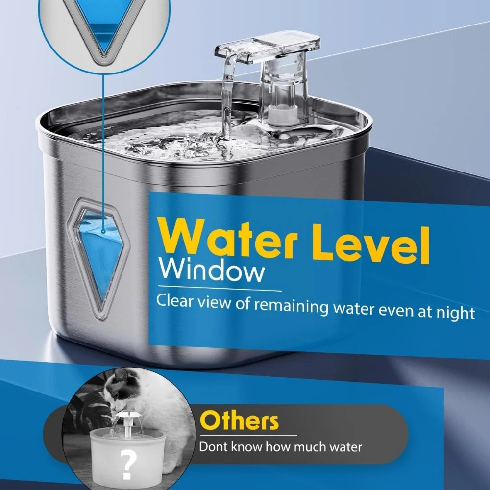 Alimentador de agua para mascotas de acero inoxidable de 2,5l, dispensador automático de fuente de agua para gatos, cuenco para beber con ventana Visual inteligente, accesorios para mascotas - imagen 4