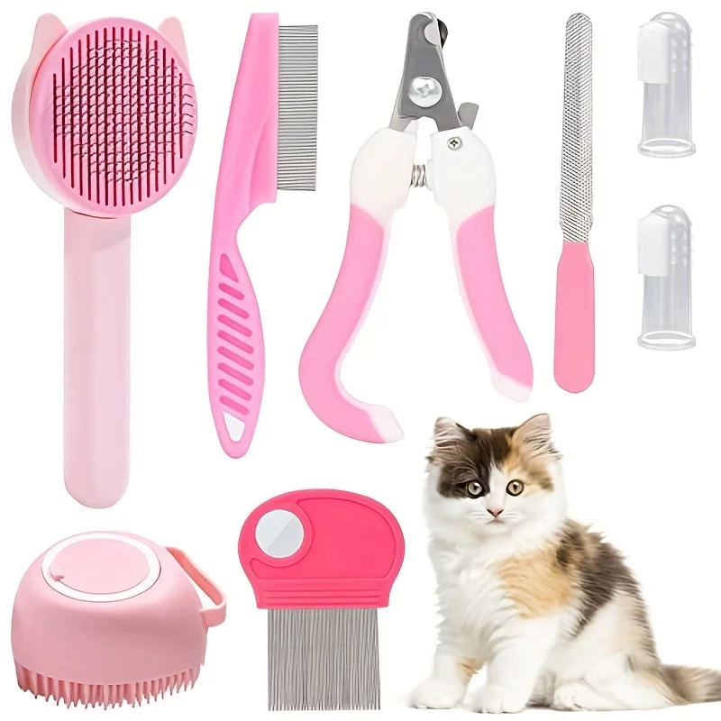 Kit de belleza con cepillo para gatos, kit de autolimpieza con cortaúñas y limas para mascotas, peine para pulgas, champú para mascotas, cepillo de baño, 8 piezas