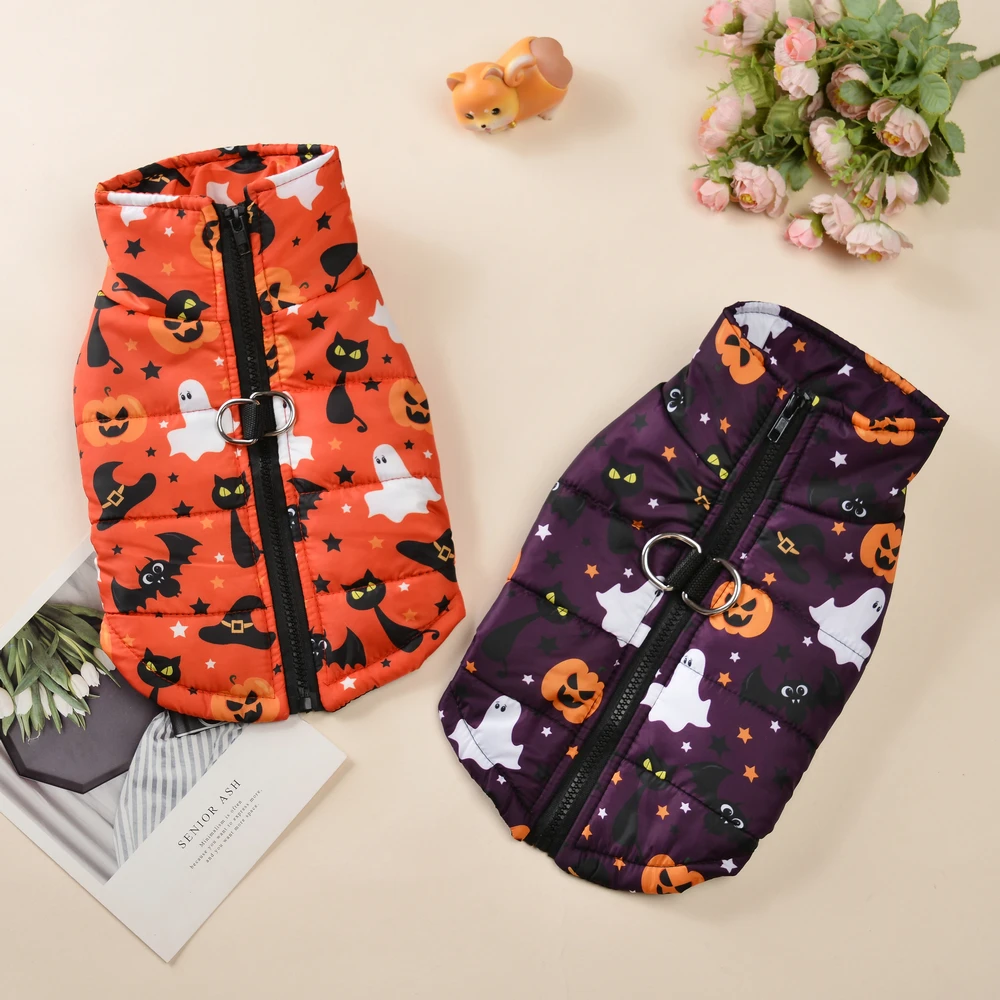 Chaqueta con estampado de calabaza de Halloween para perros pequeños y medianos, gatos con anillo en D, ropa cálida a prueba de viento para cachorros, abrigo para mascotas de Bulldog Francés - imagen 2