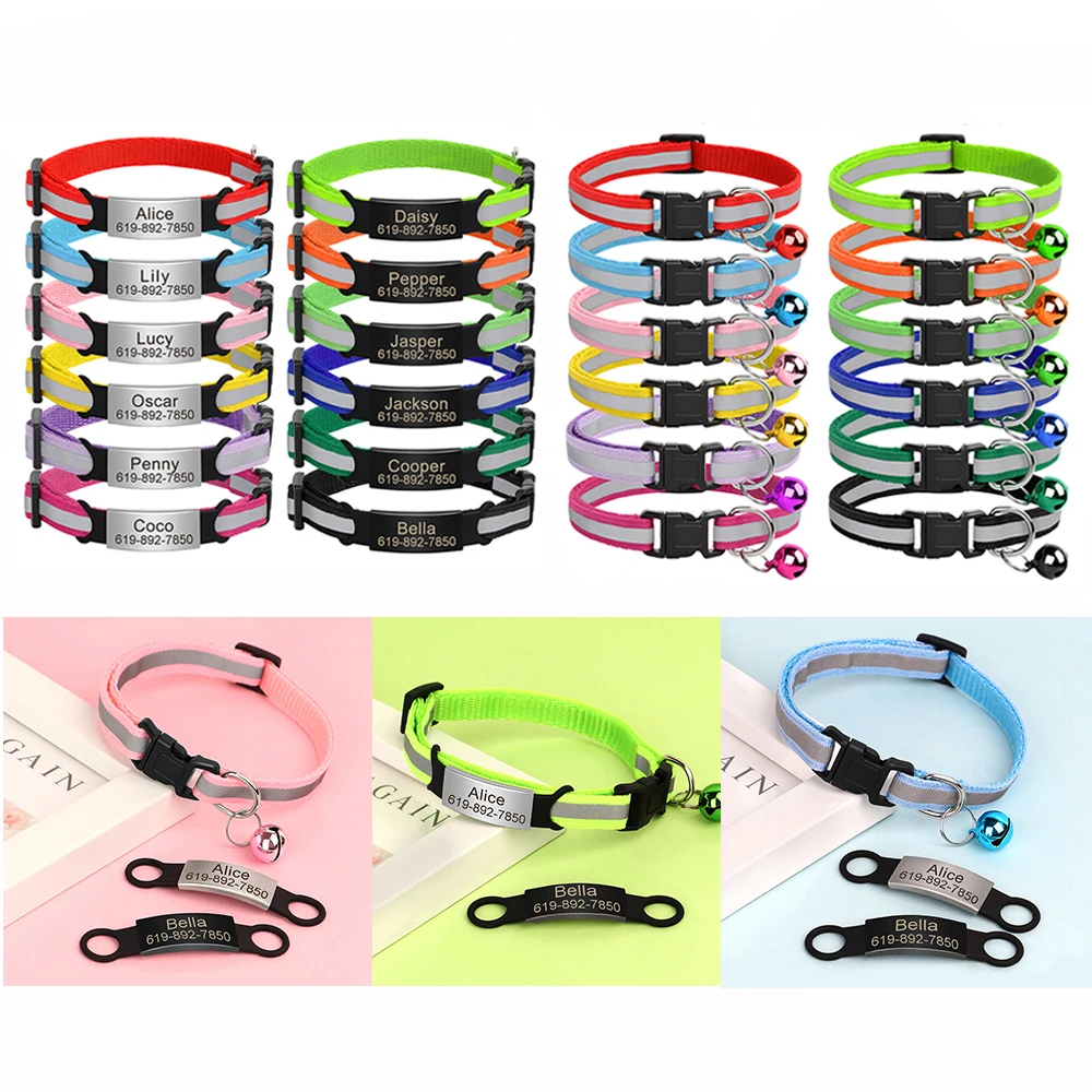 Collar reflectante para gatos, collares para gatos separables de seguridad personalizados con campana, collar con placa de identificación de liberación rápida, grabado gratis - imagen 3