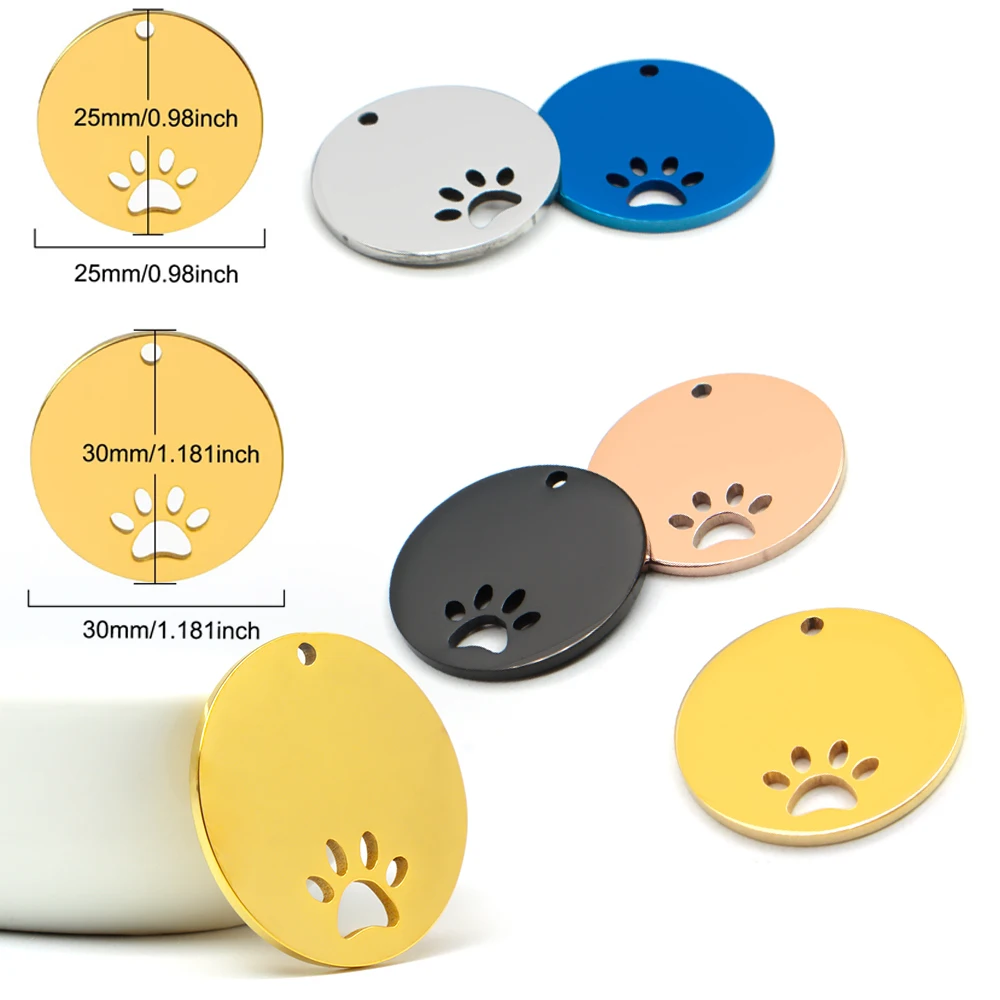 Venta al por mayor 20 piezas de identificación redonda de acero inoxidable para mascotas con etiqueta recortada colgante de Metal de moda accesorios para Collar de perro con personalidad gato