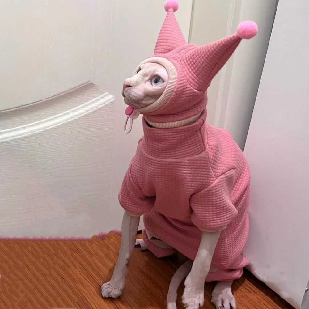 Sudadera Waffle Sombrero Traje para Sphynx Cat Invierno Cálido Negro Azul Rosa Abrigo para Gatitos Primavera Chaqueta gruesa suave para Devon Rex - imagen 5