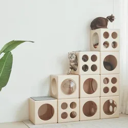 Casa modular de madera para gatos con túnel y rascador