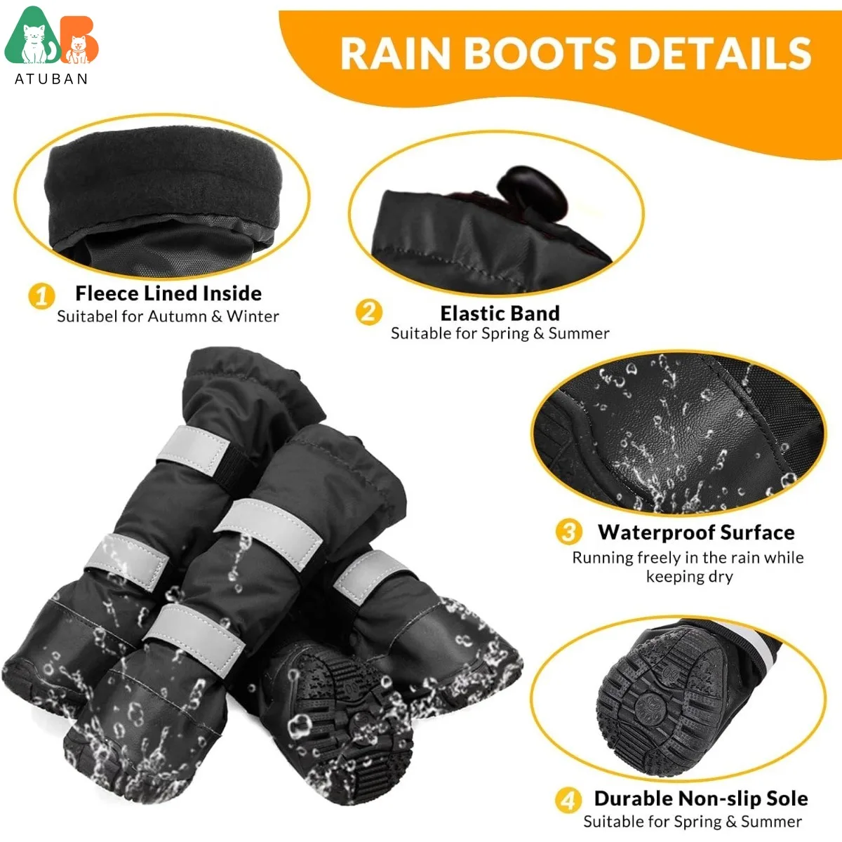 Botas de lluvia para perros ATUBAN con forro polar cálido, zapatos para perros medianos y grandes impermeables y antideslizantes con correas reflectantes y suela resistente - imagen 3