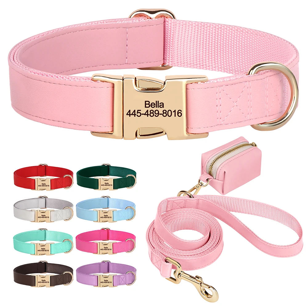 Collar de perro personalizado, conjunto de bolsa con correa, collares de cuero PU personalizados para perros, collar colorido para mascotas con correas, bolsa para caca para perros Pug