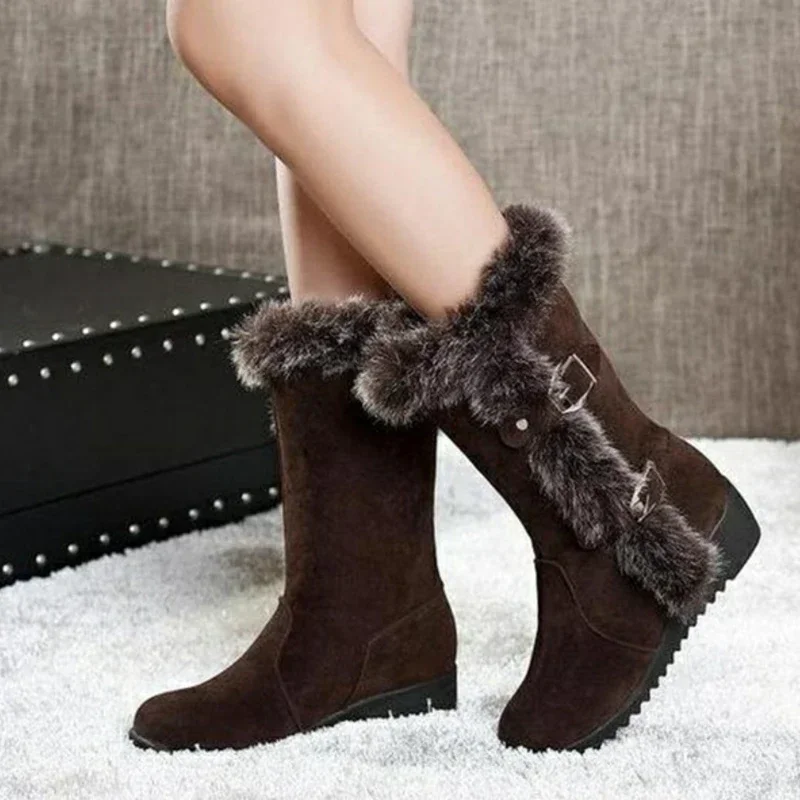 Nuevas botas de invierno para mujer, botas informales de piel cálida a media pantorrilla, zapatos para mujer, cuñas sin cordones con punta redonda, botas de nieve, zapatos para mujer de talla grande 42 - imagen 2