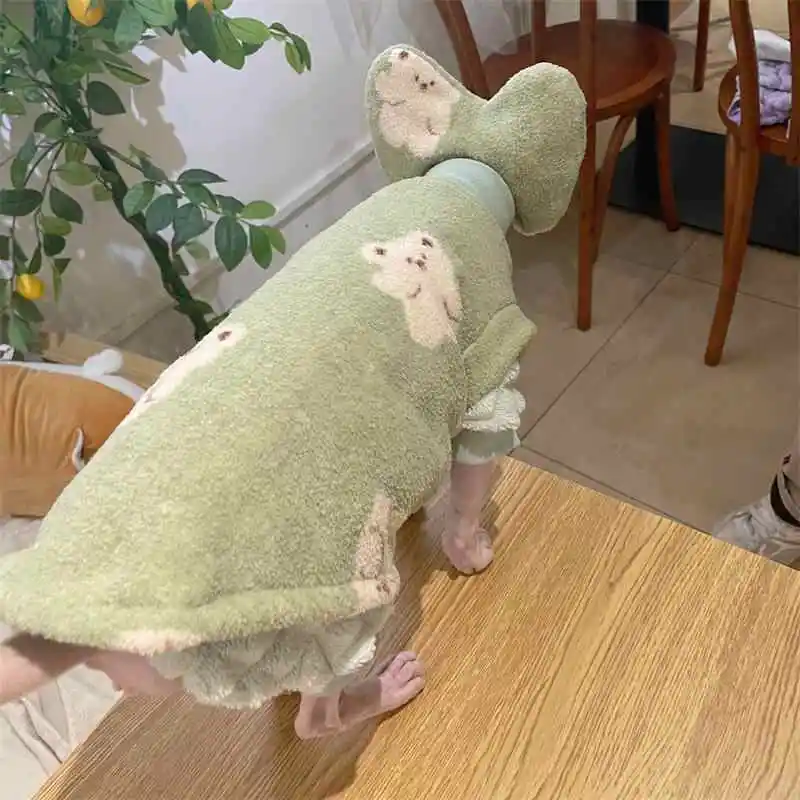 Traje de suéter verde para gato sin pelo en invierno Cálida capa interna de 4 patas Chaqueta gruesa de botones de vellón para pijama Devon Rex Sweet - imagen 3