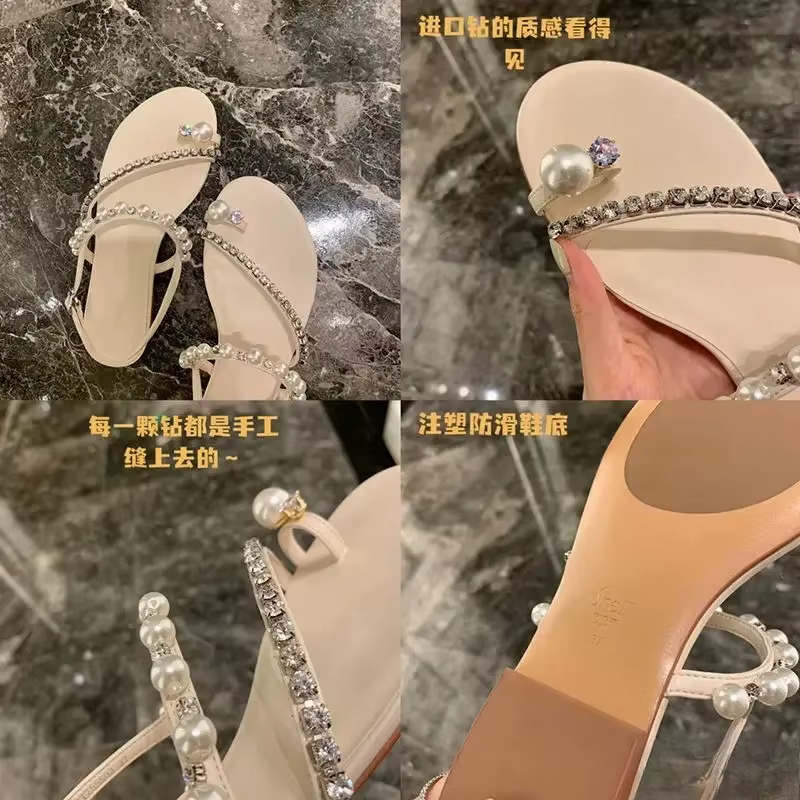Sandalias de tiras mujer estilo hada con perlas – Suela plana verano - imagen 5