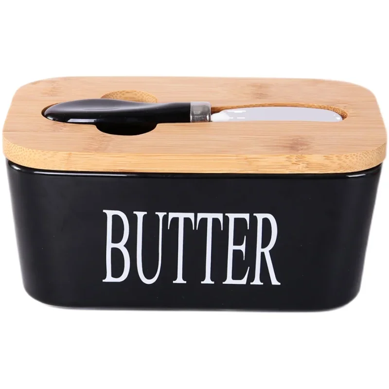 Caja de mantequilla de cerámica con cubierta de madera, con espátula, cuchillo, caja de mantequilla fresca sellada, caja de almacenamiento de cocina sellada Rectangular Multicolor - imagen 5
