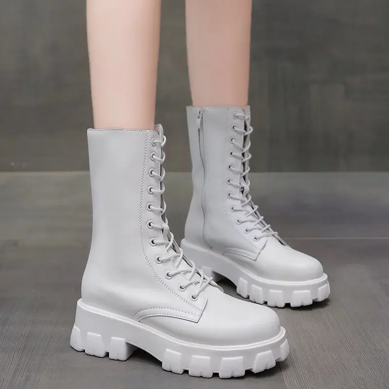 Botas de piel sintética con plataforma para mujer, botines góticos de combate Punk a media pantorrilla, color blanco, para otoño e invierno, 2024 - imagen 5